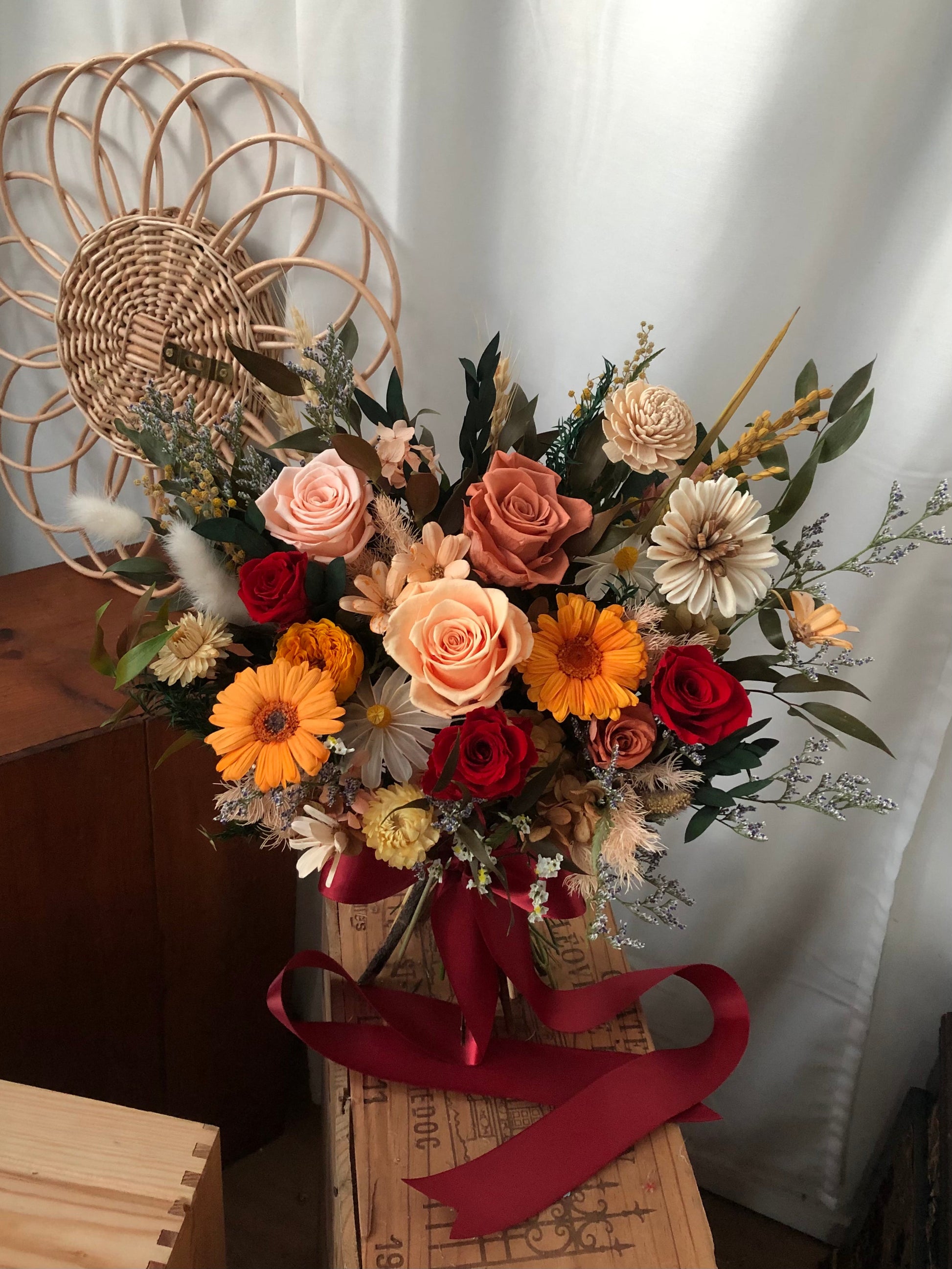 Horizontal Freestyle Bridal Bouquet (Preserved Flowers)  The perfect option for couples who want to create a keepsake that will forever remind them of their magical day.